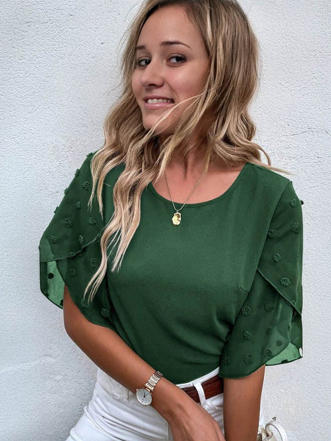 

StyleCast Solid Round Neck Flared Sleeve Cotton Top, Green