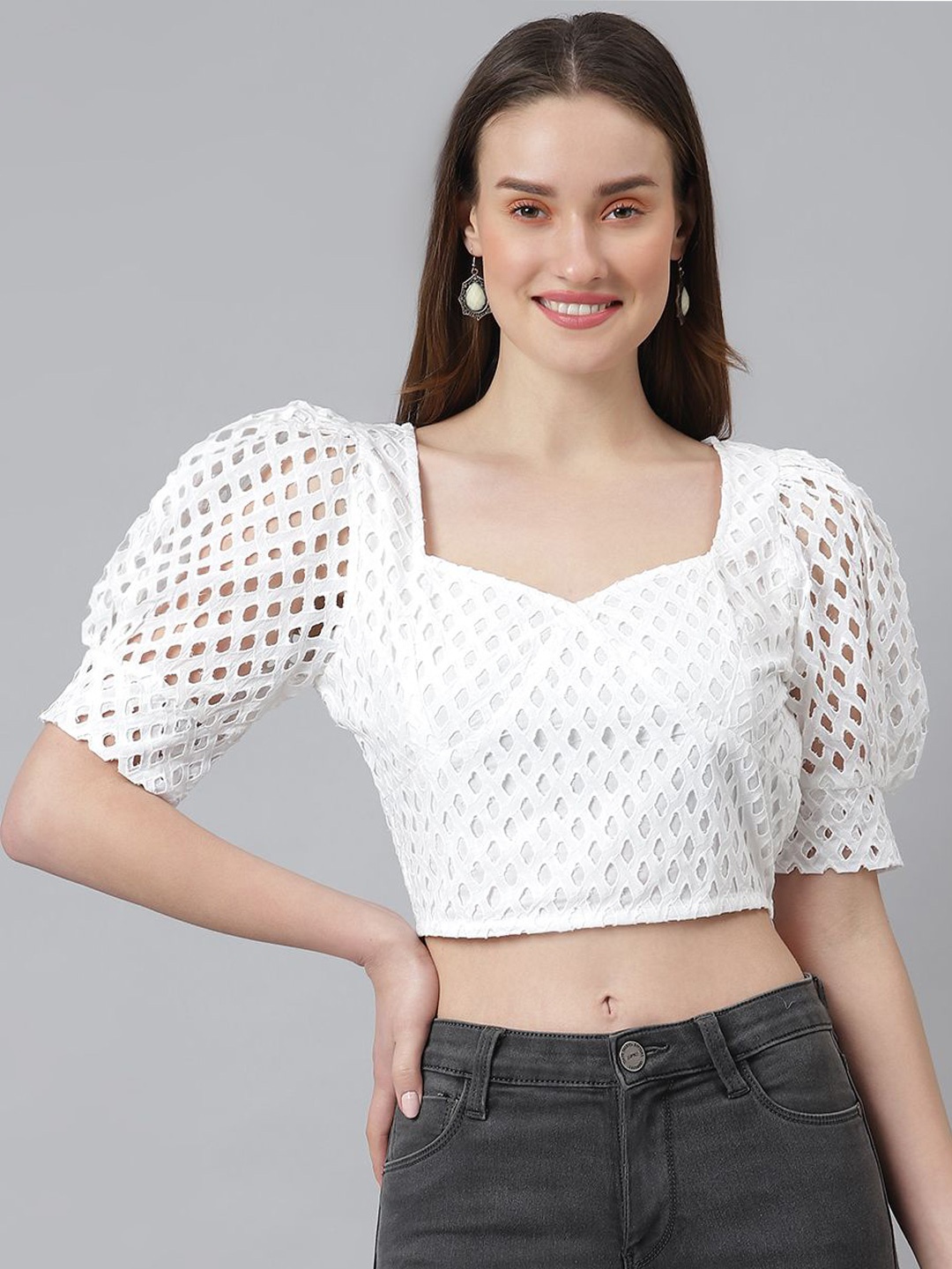 

Moda Rapido Sweetheart Neck Puff Sleeve Cotton Crop Top, White