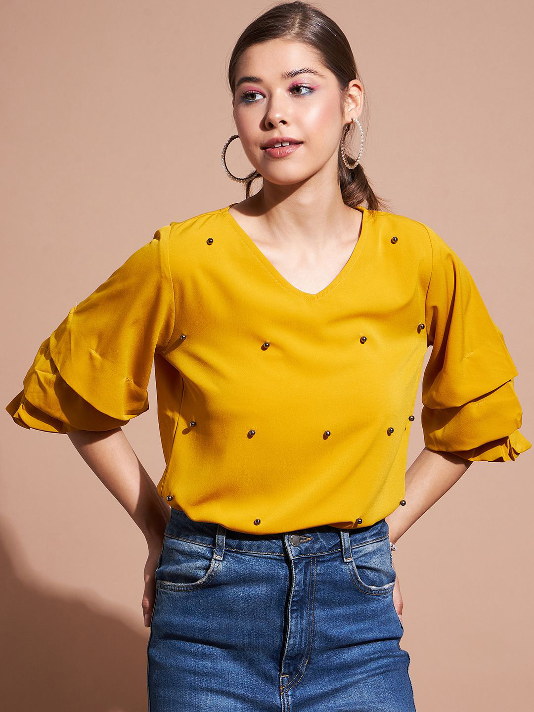 

DressBerry Women Embellished V-Neck Top, Mustard