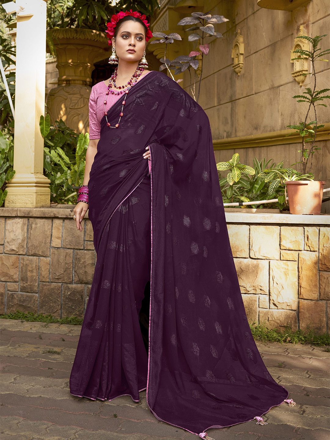 

VIRENDRA TEXTILES Embellished Sequinned Pure Georgette Saree, Purple