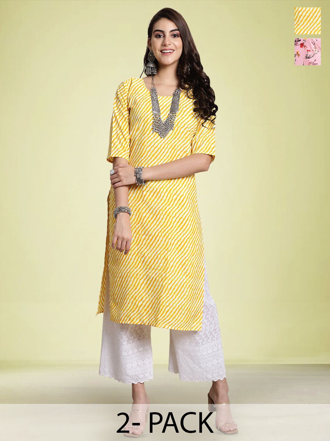 

Moda Rapido Set of 2 Printed Round Neck Straight Kurtas, Yellow