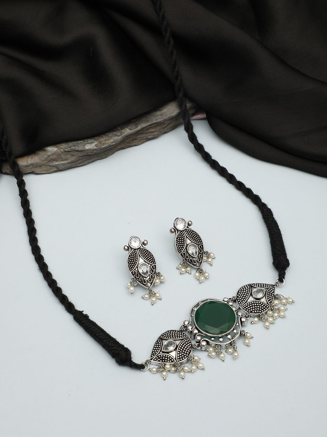 

VIVAZS Stone Studded And Beaded Oxidized Jewellery Set, Silver