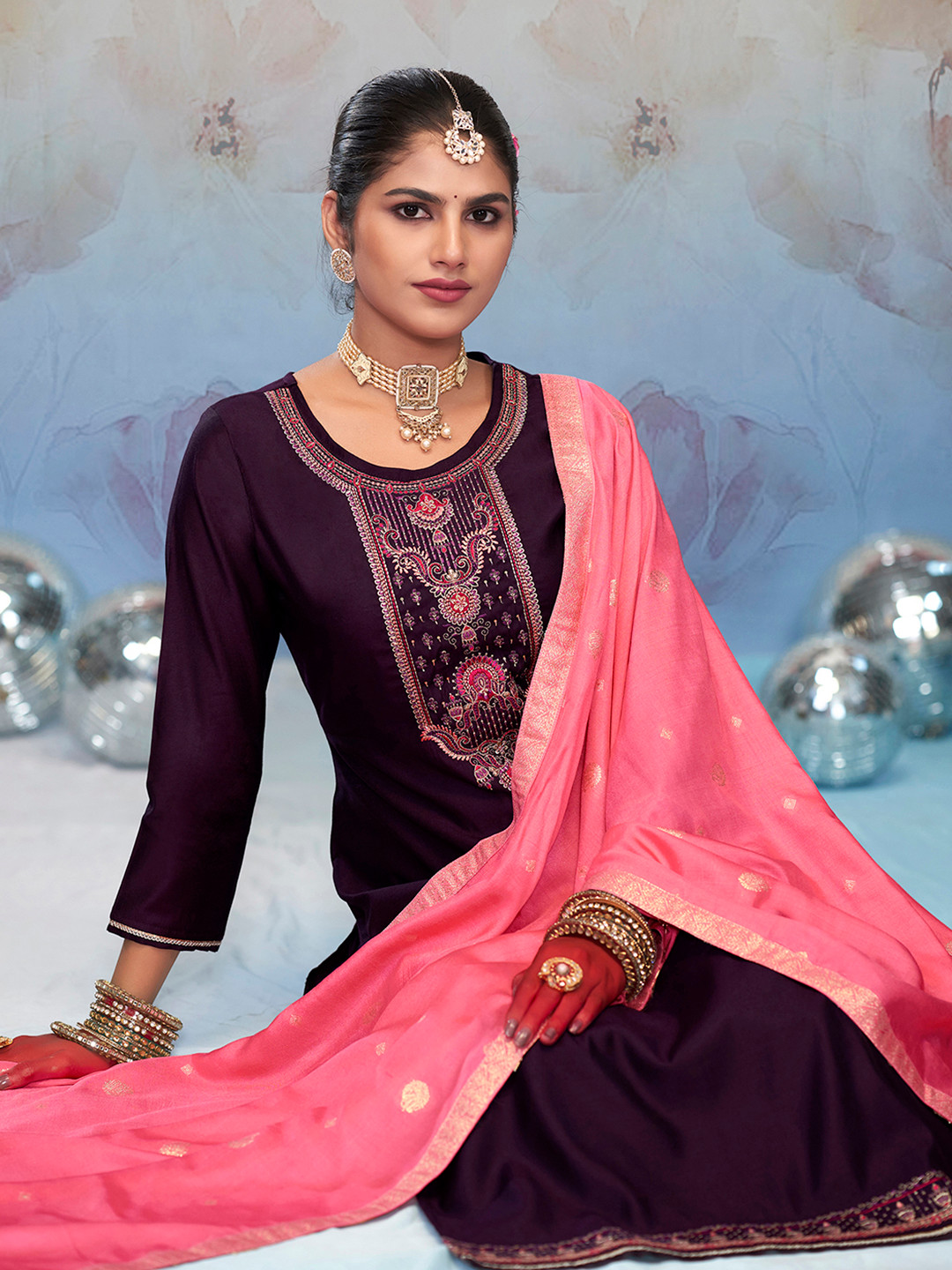 

Anouk Ethnic Motifs Embroidered Unstitched Dress Material, Purple