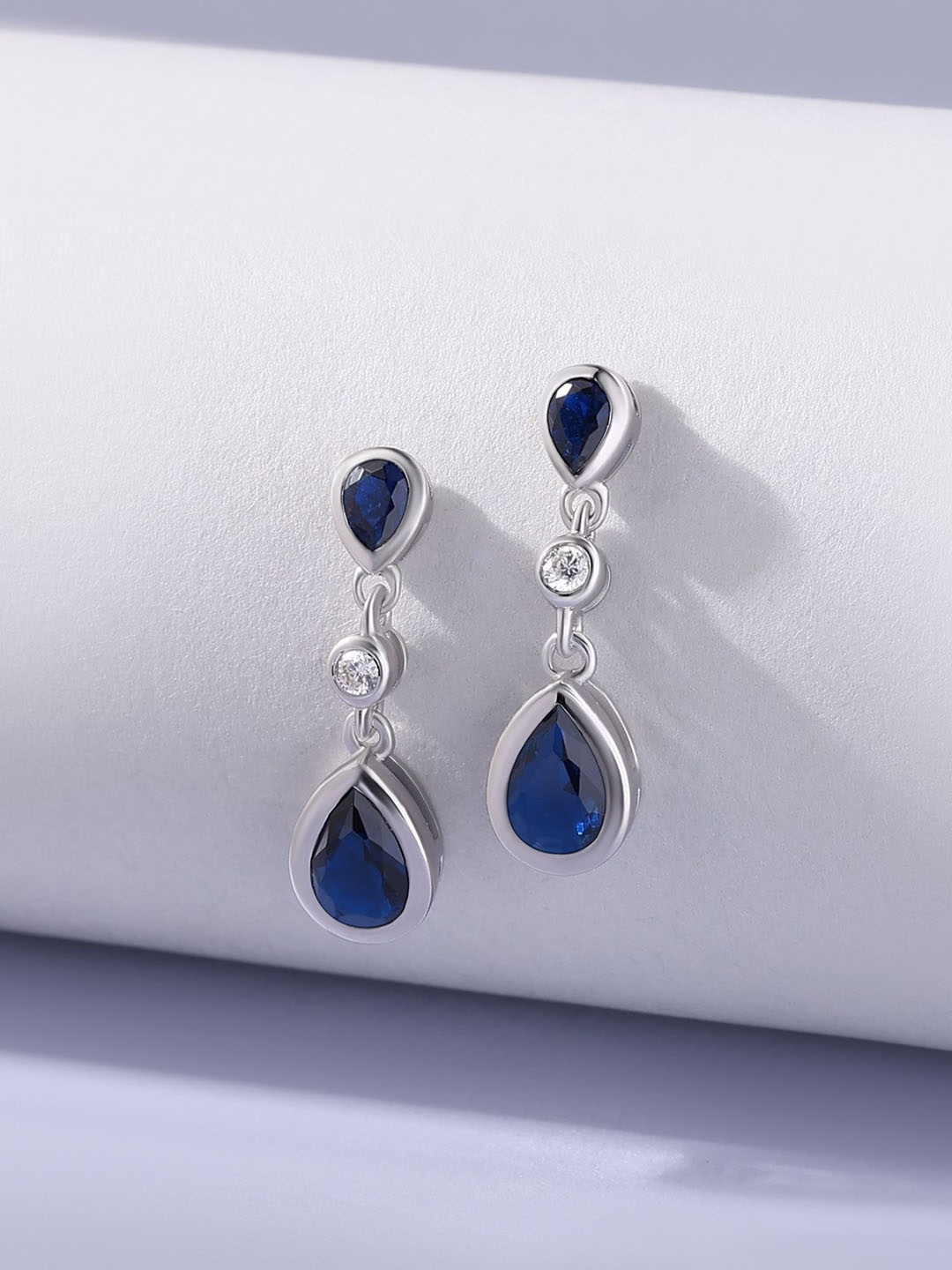 

Ornate Jewels 925 Silver Rhodium-Plated AD Studded Teardrop Shaped Drop Earring, Blue