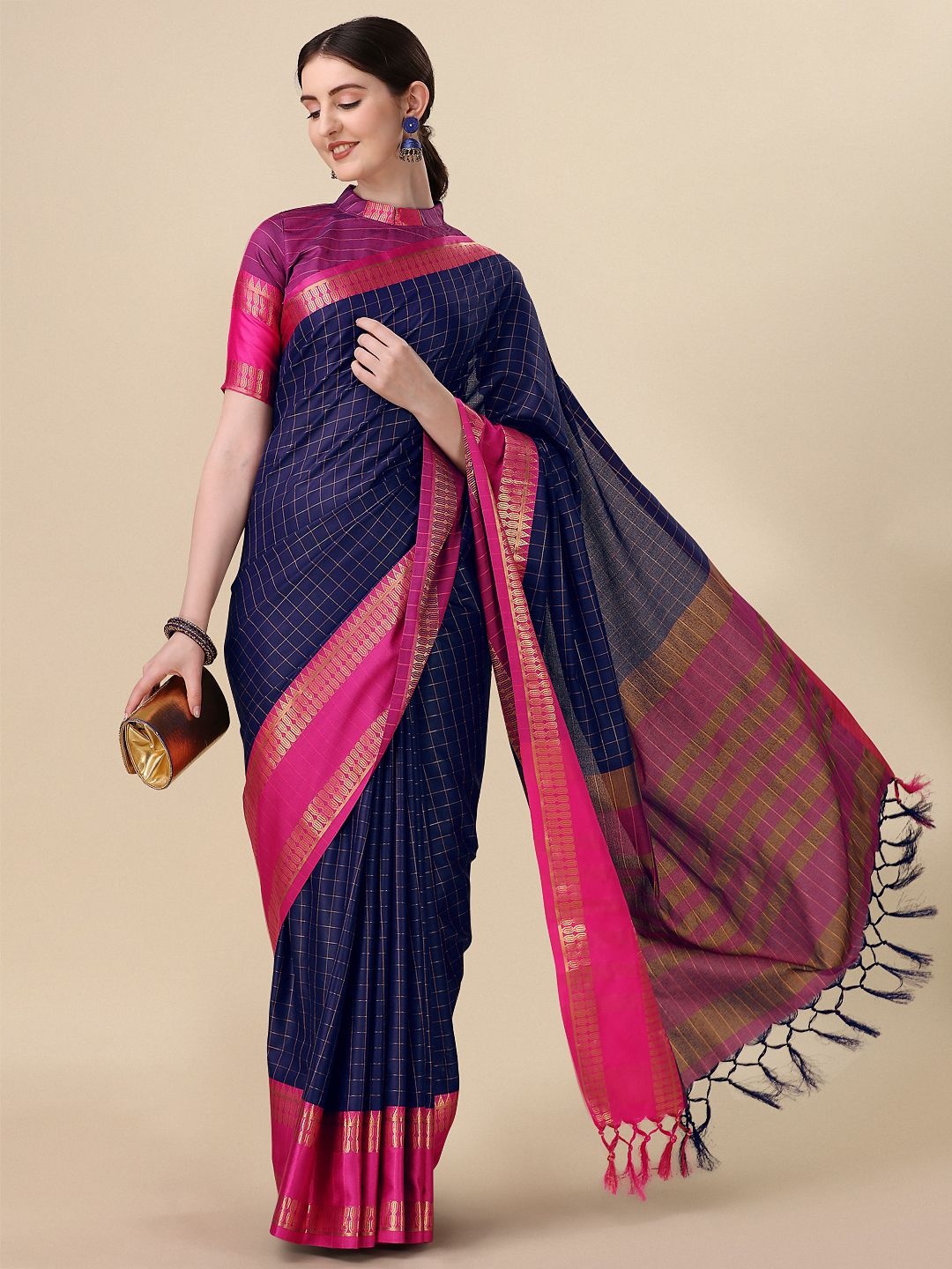 

DIVASTRI Ethnic Motifs Zari Mysore Silk Saree, Navy blue