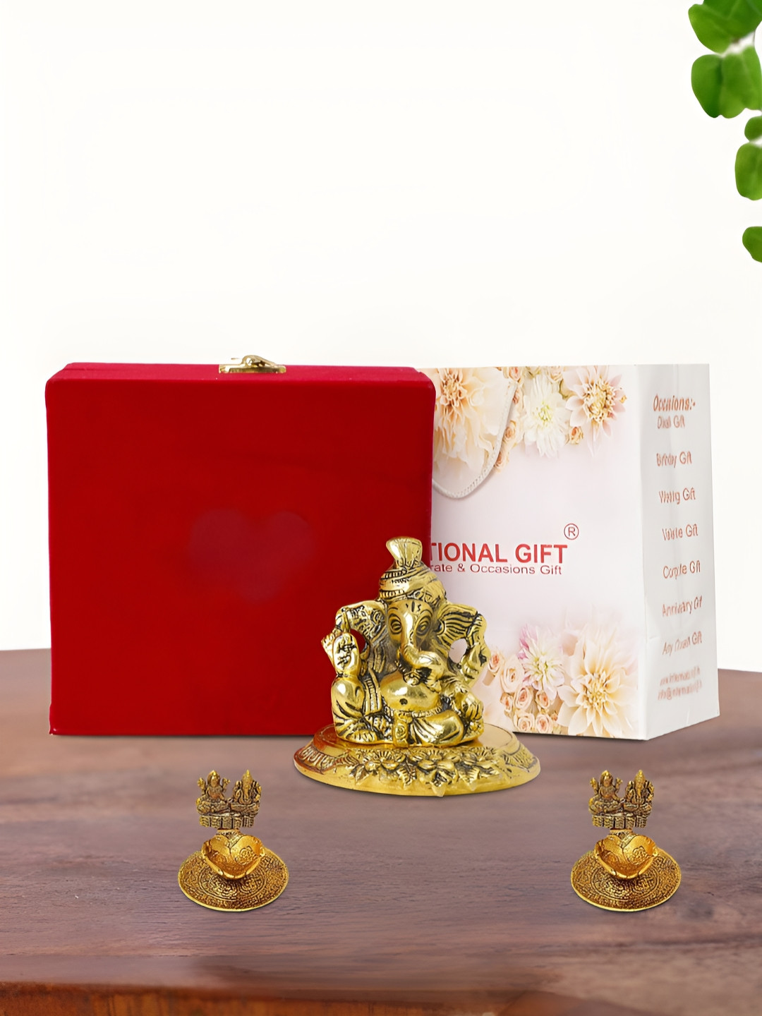 

INTERNATIONAL GIFT Gold Plated Pagdi Ganesh Idol with 2 Diya Box and Bag