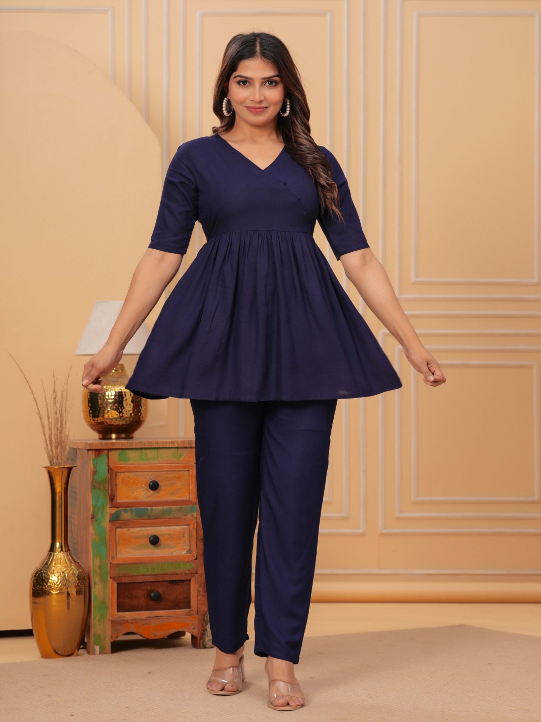 

Aktasa V-Neck Peplum Top With Trouser, Navy blue