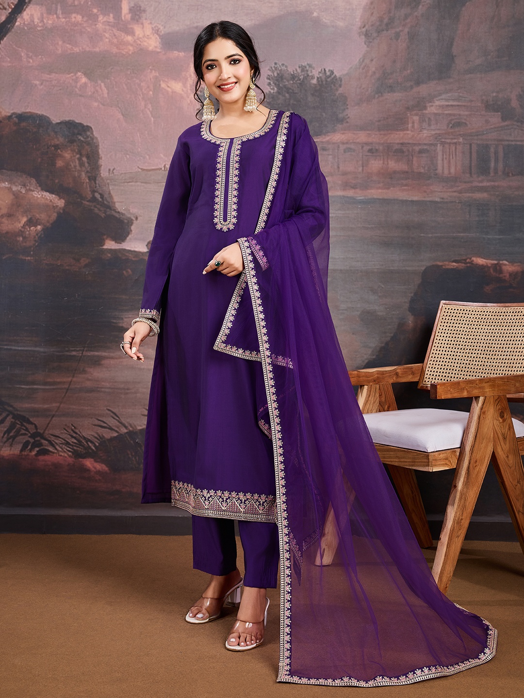 

House of Pataudi Floral Embroidered Round Neck Kurta Trousers With Dupatta, Purple