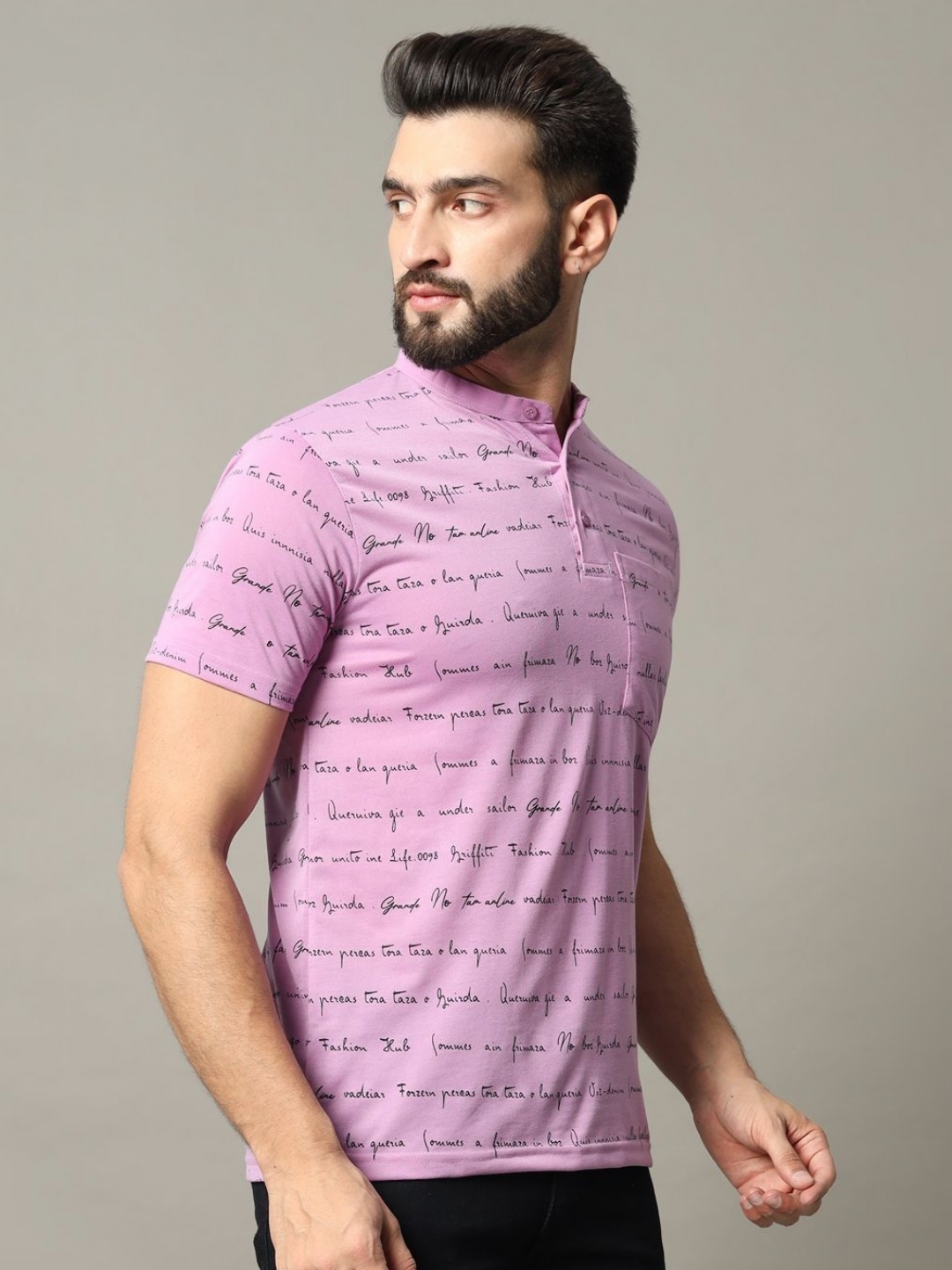 

RELANE Men Typography Printed Mandarin Collar Cotton T-shirt, Lavender