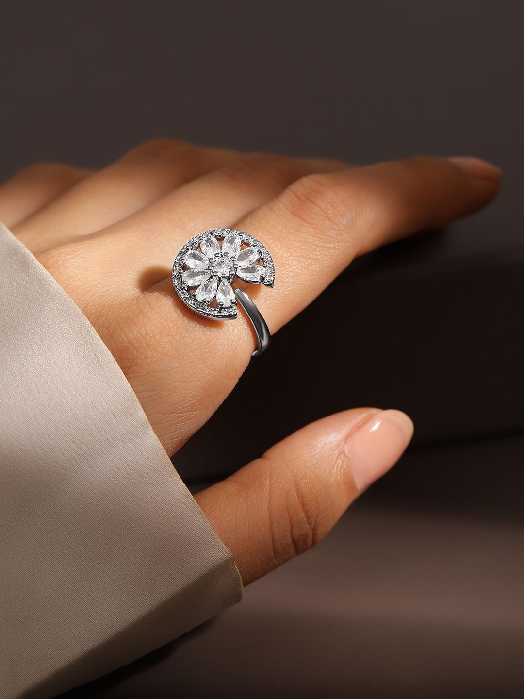 

Rubans Rhodium Plated Cubic Zirconia Studded Openable Adjustable Floral Ring, Silver