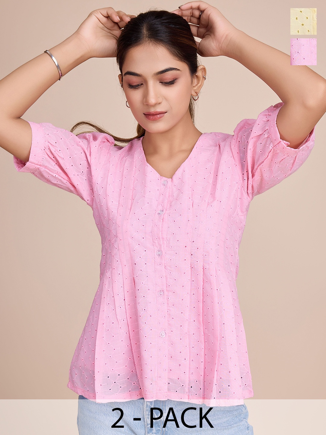 

HOUSE OF MIRA Pack Of 2 Self Design Schiffli Cotton Shirt Top, Multi