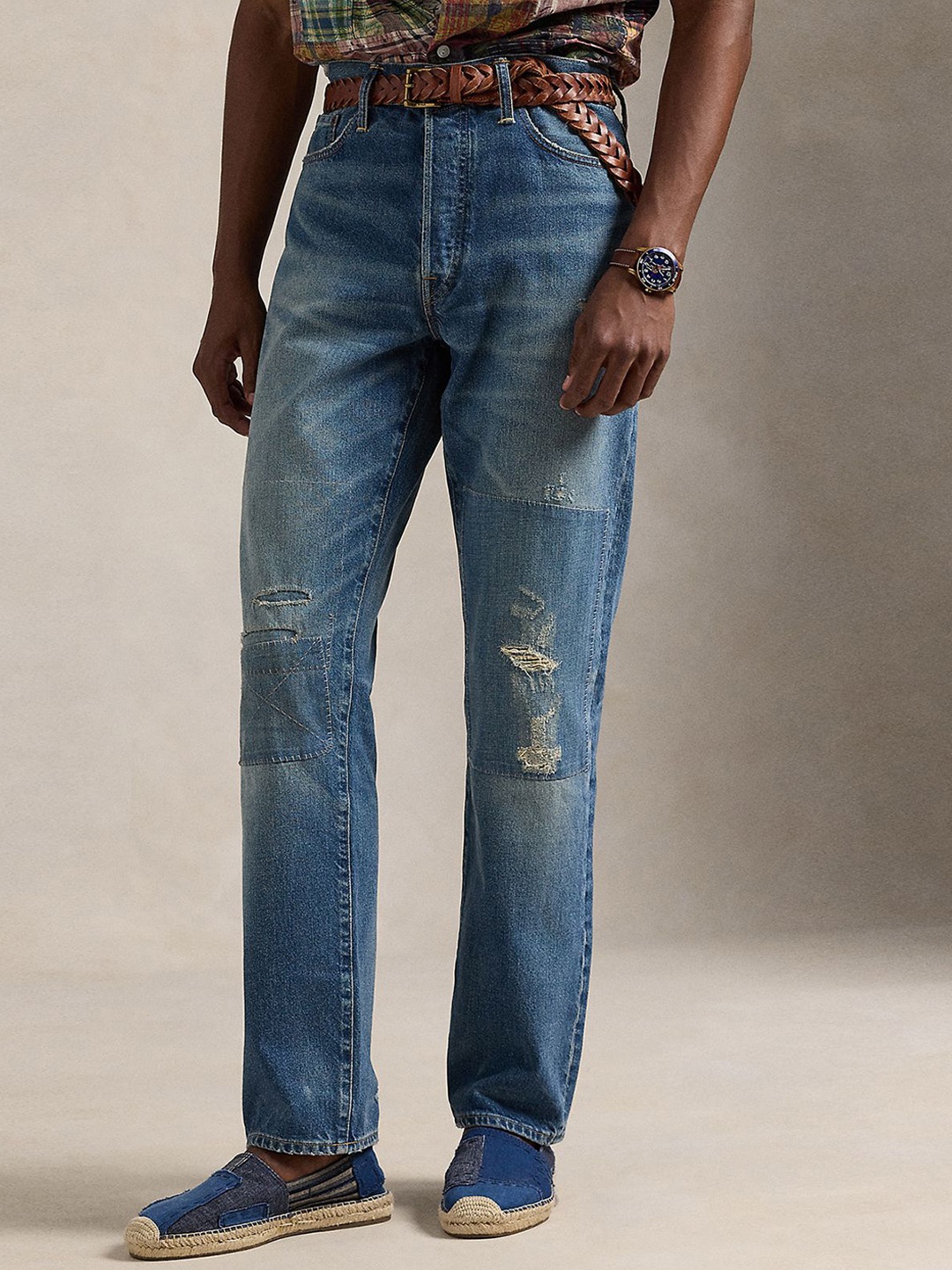 

Polo Ralph Lauren Men Straight Fit Mildly Distressed Light Fade Cotton Jeans, Blue