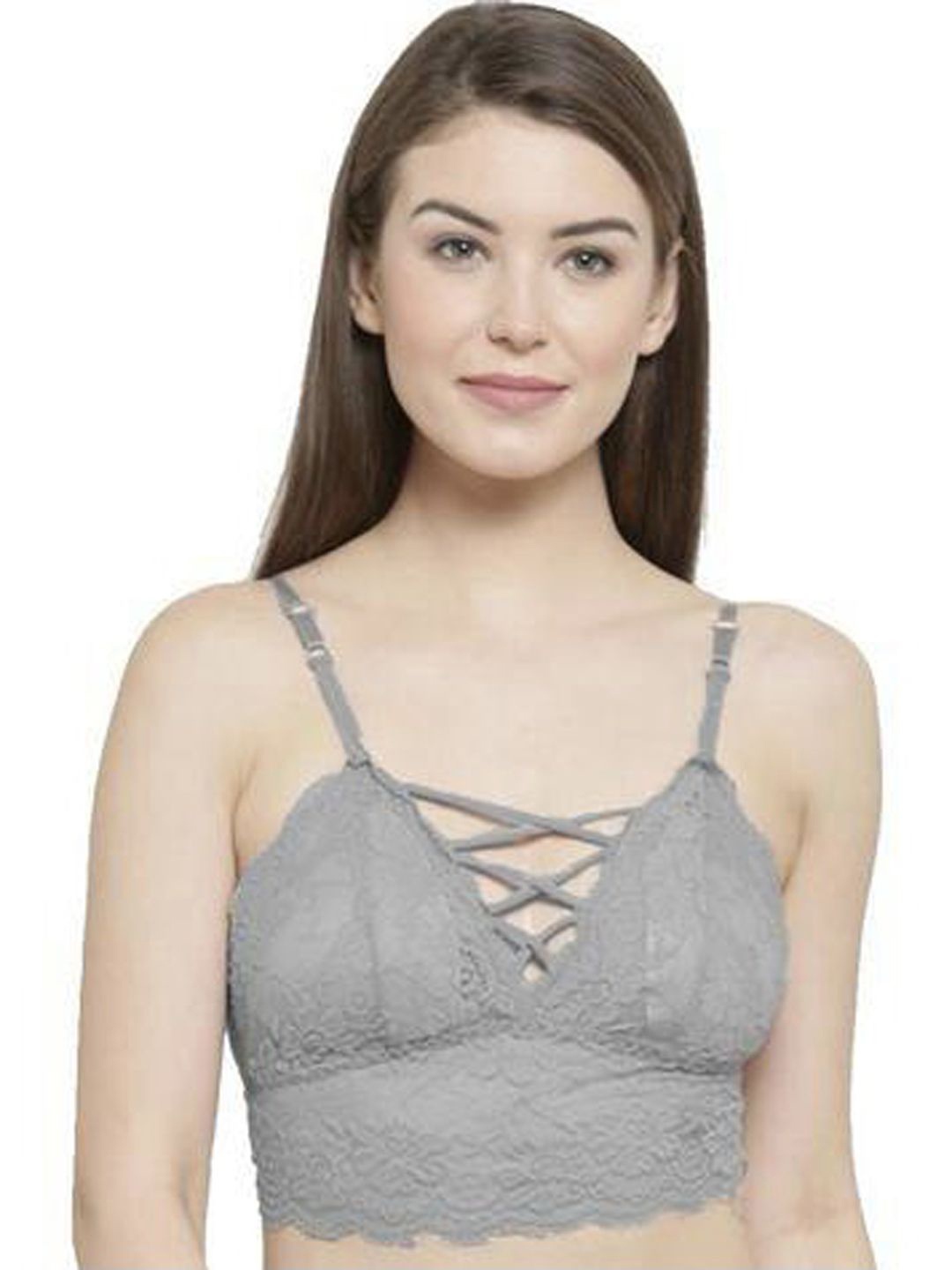 

INDIROCKS Women's Pure Comfort Wireless Lace Longline Bralette Lightly Lined Bra, Grey