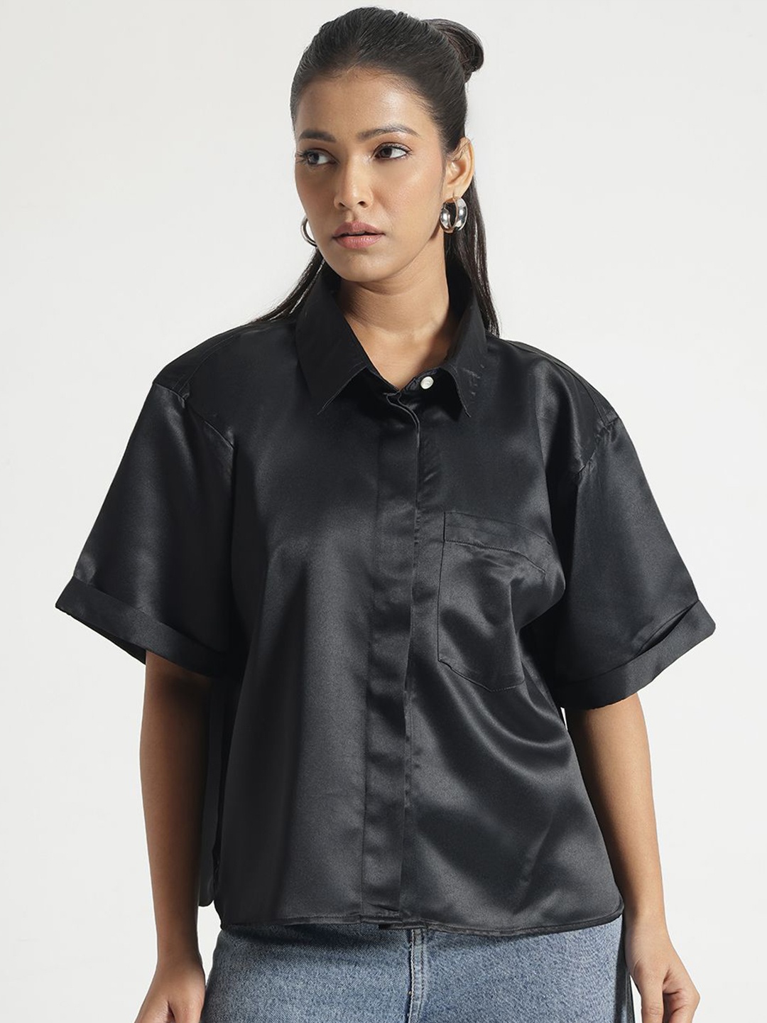 

Code 61 Women Comfort Relaxed Fit Spread Collar Solid Cotton Casual Shirt, Black