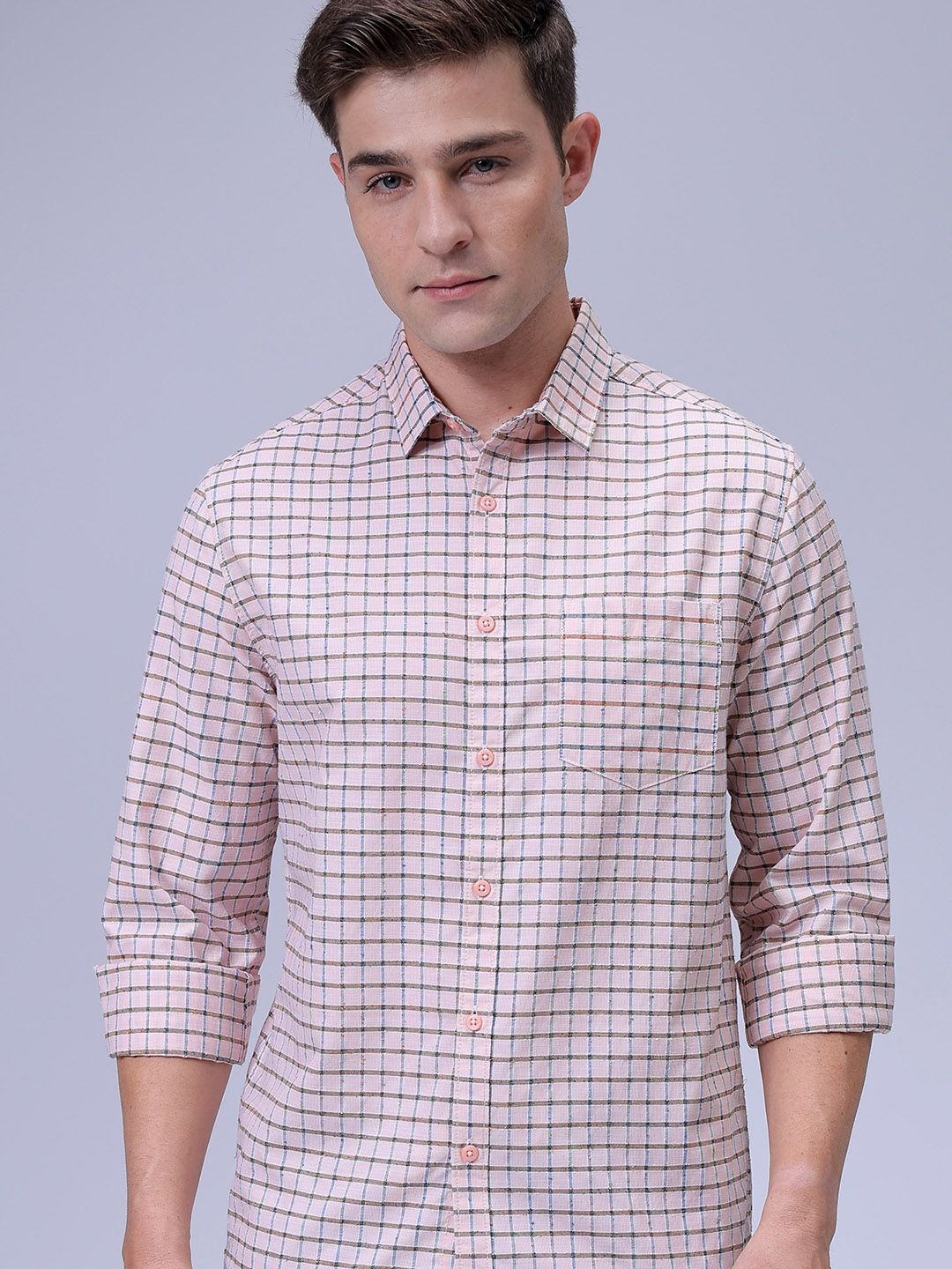 

The Indian Garage Co Slim Fit Checkered Textured Casual Shirt, Peach