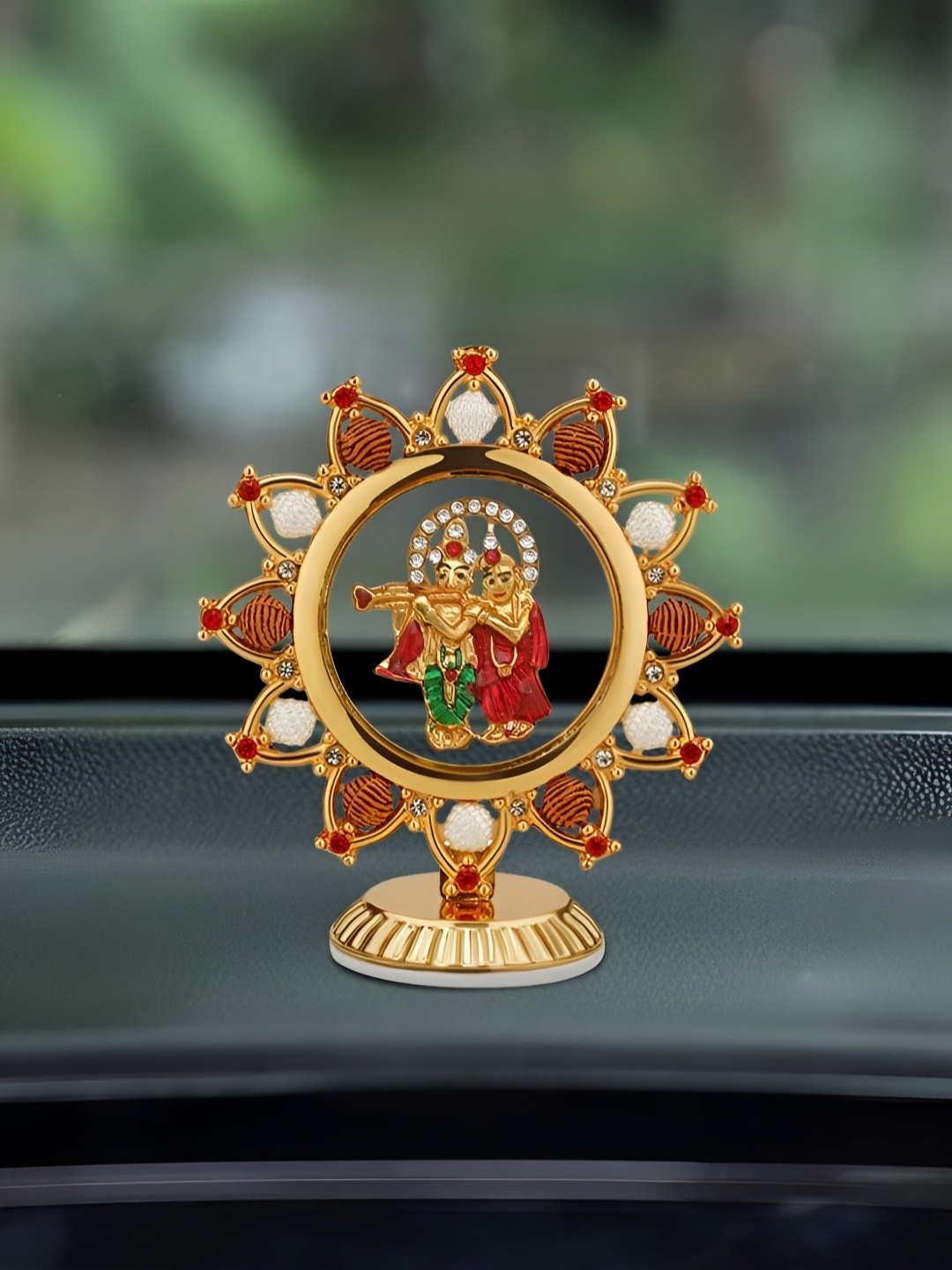 

INTERNATIONAL GIFT Radha Krishna Idol in Round Shape for Car Dashboard, Gold