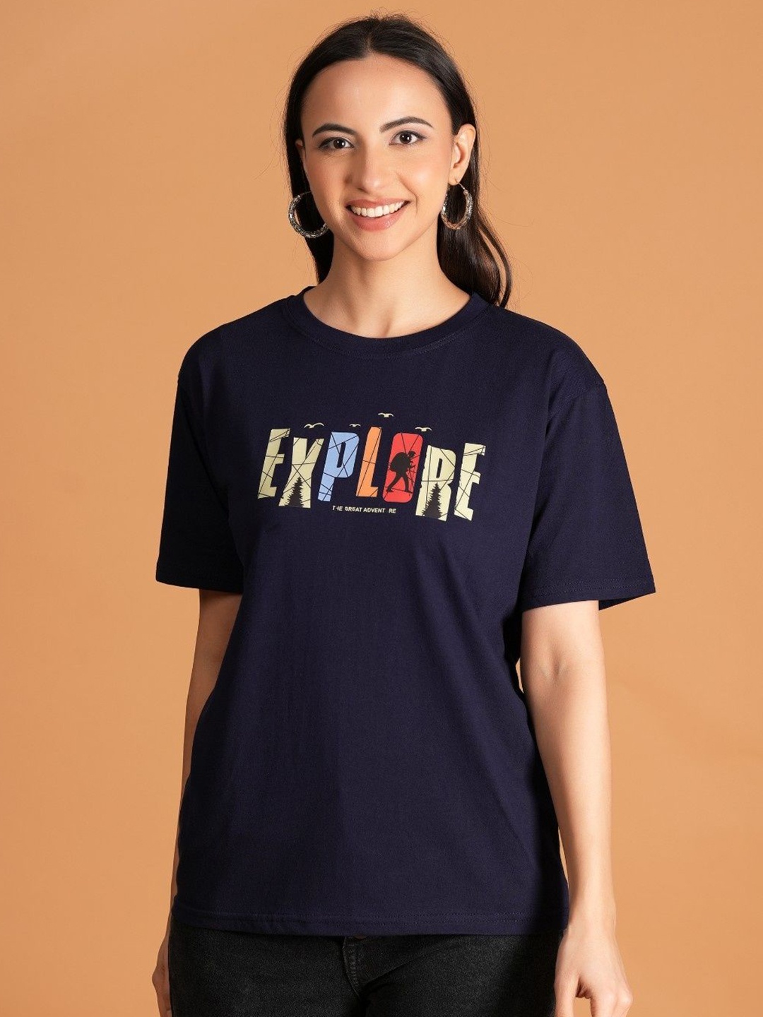 

BAESD Women Typography Printed Round Neck Cotton Relaxed Fit T-shirt, Navy blue