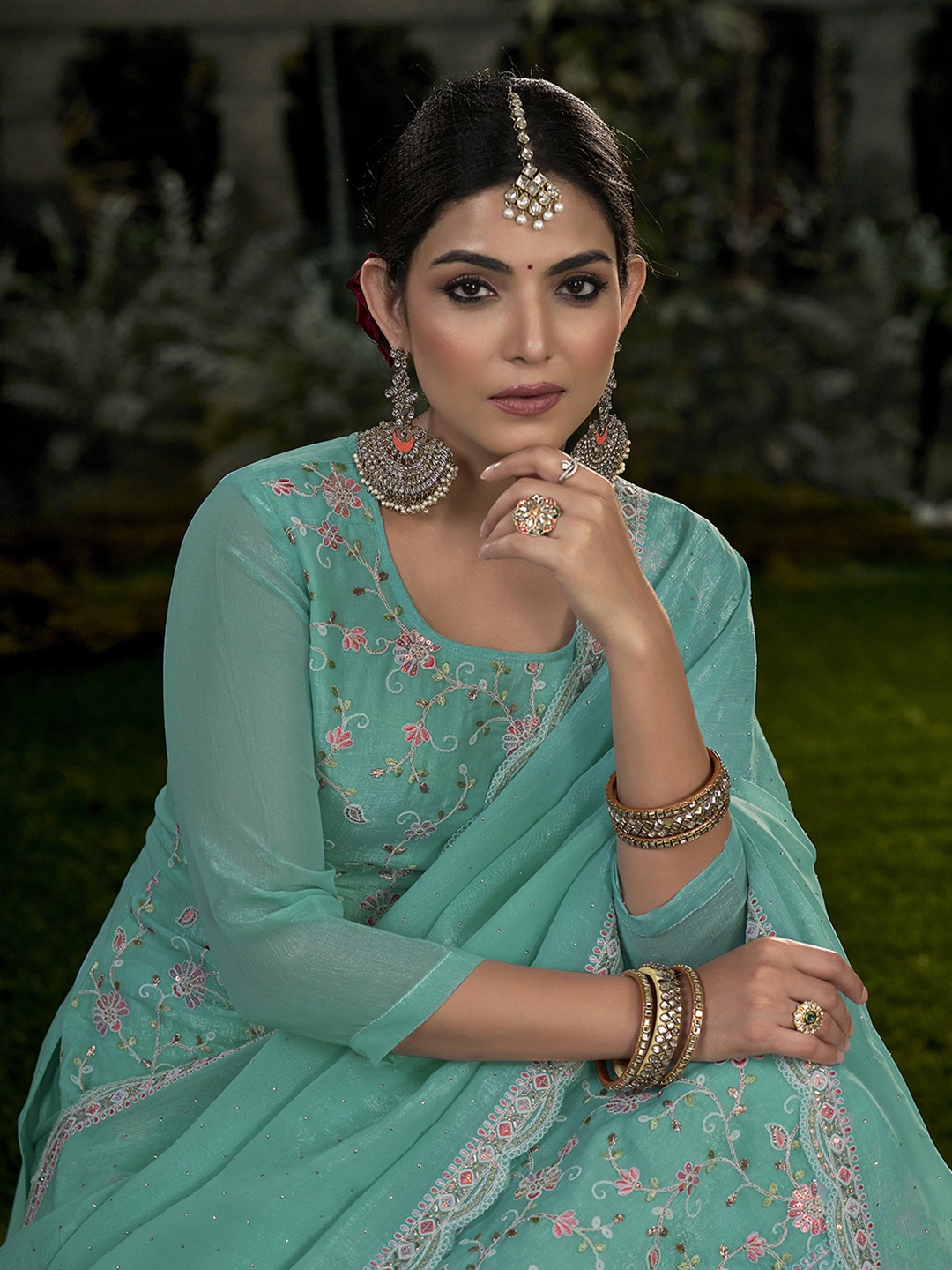 

Anouk Green Floral Embroidered Sequence Unstitched Dress Material, Sea green