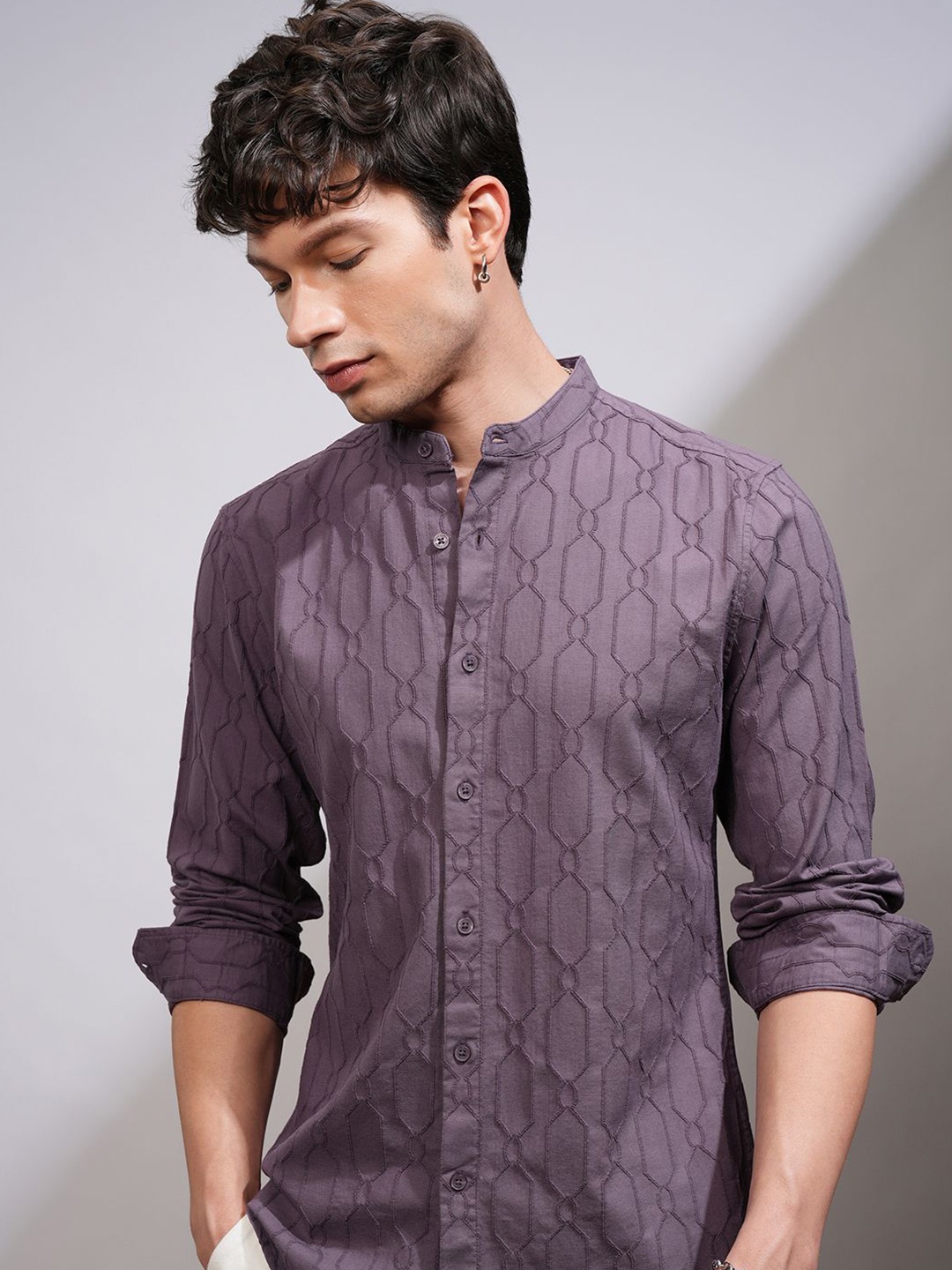 

HIGHLANDER Men Band Collar Textured Cotton Casual Shirt, Purple