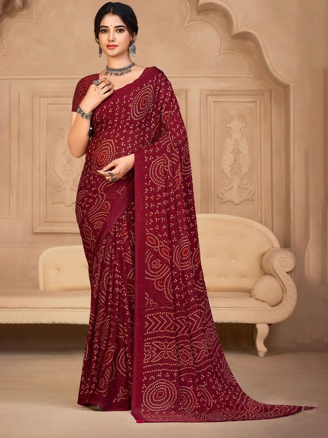 

DURGA EMPORIO Bandhani Pure Chiffon Bandhani Saree, Maroon
