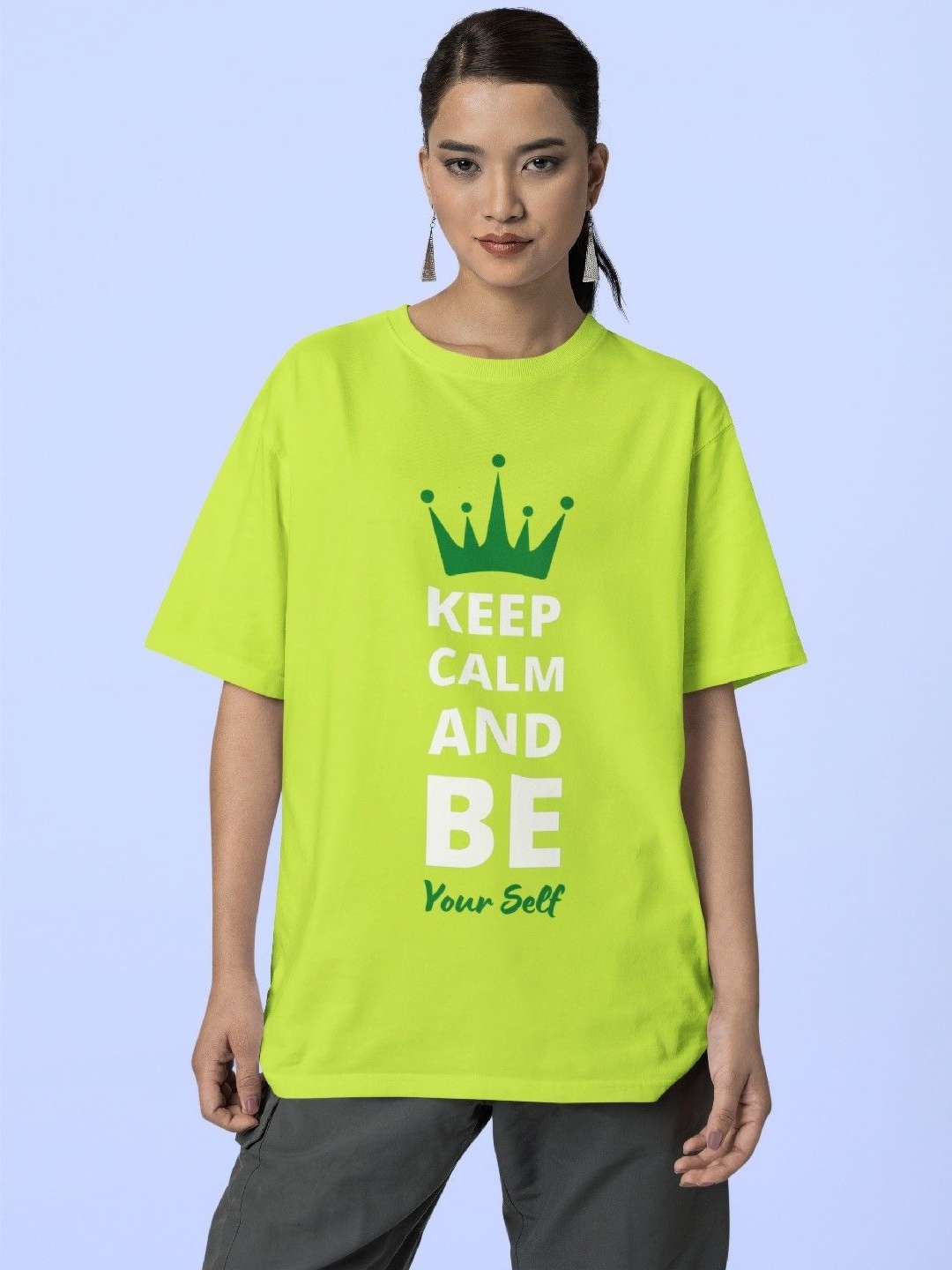 

Reifica Women Typography Printed Round Neck Cotton Oversized T-shirt, Lime green