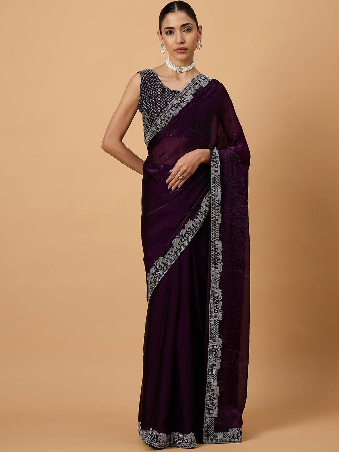 

all about you Embellished Beads and Stones Satin Saree, Purple