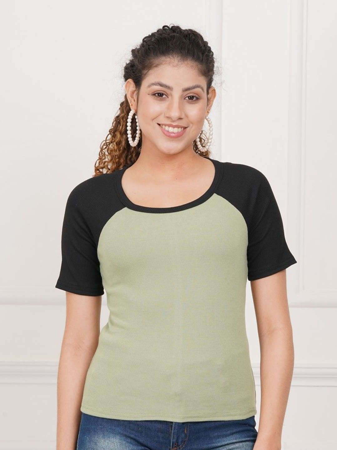 

BESTIC FASHION Women Colourblocked Ribbed Cotton Top, Green