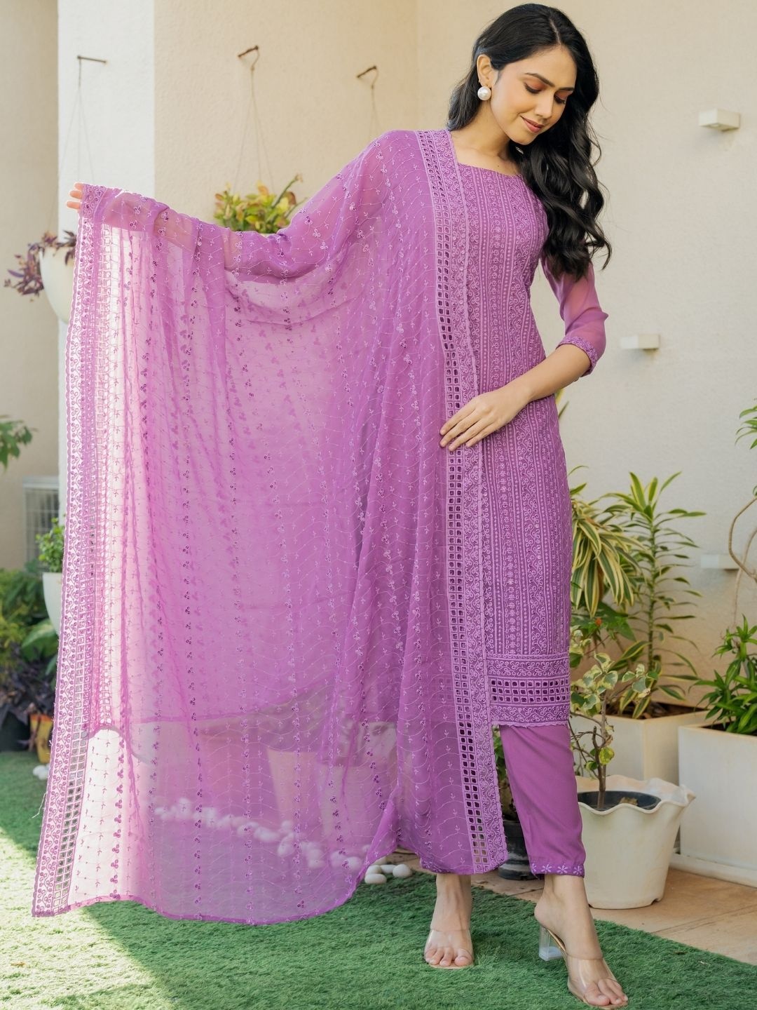 

PRETTY PALLU Floral Chikankari Embroidered Georgette Straight Kurta With Trouser & Dupatta, Purple