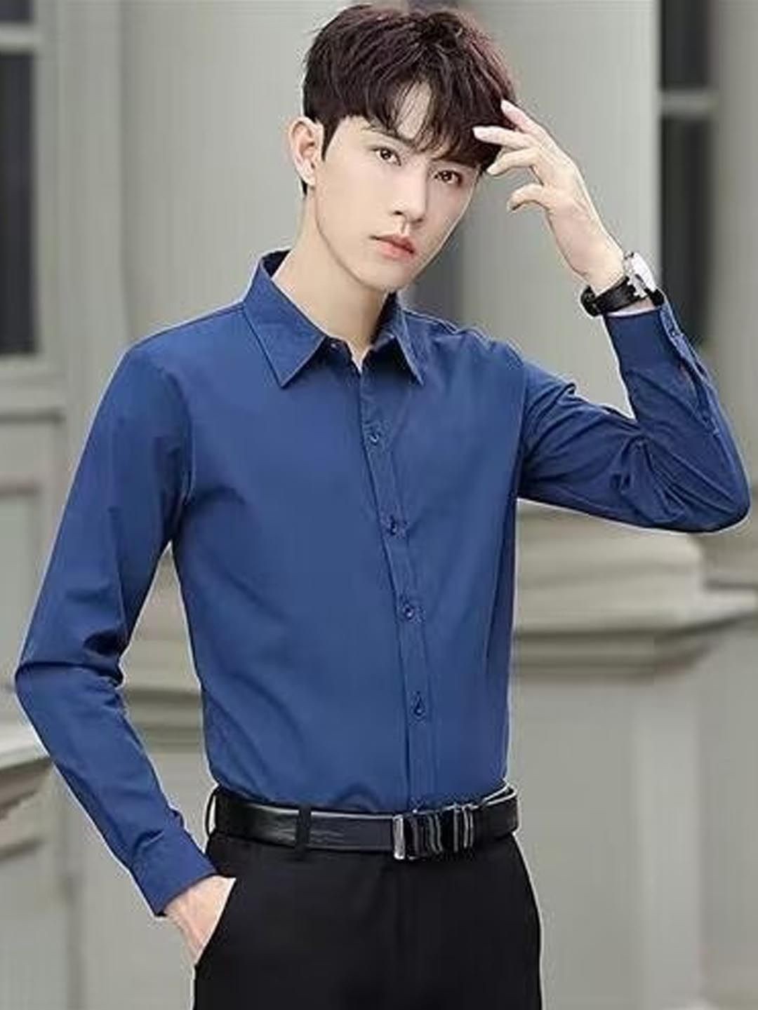 

StyleCast Men Spread Collar Solid Casual Shirt, Navy blue