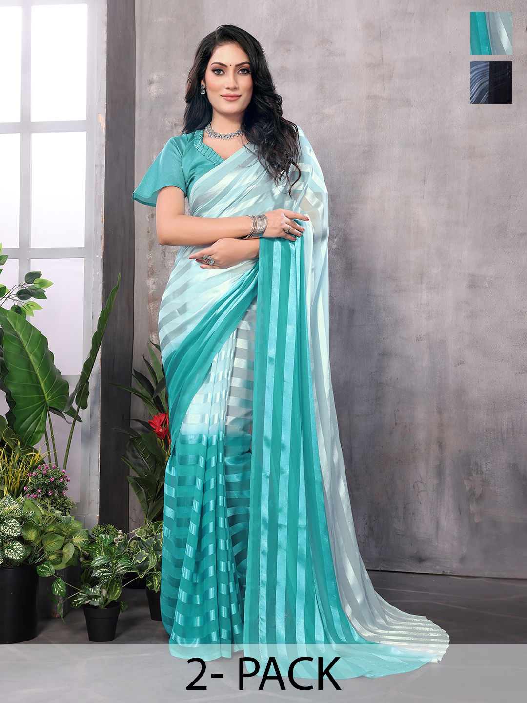 

Moda Rapido Set of 2 Striped Satin Sarees, Blue
