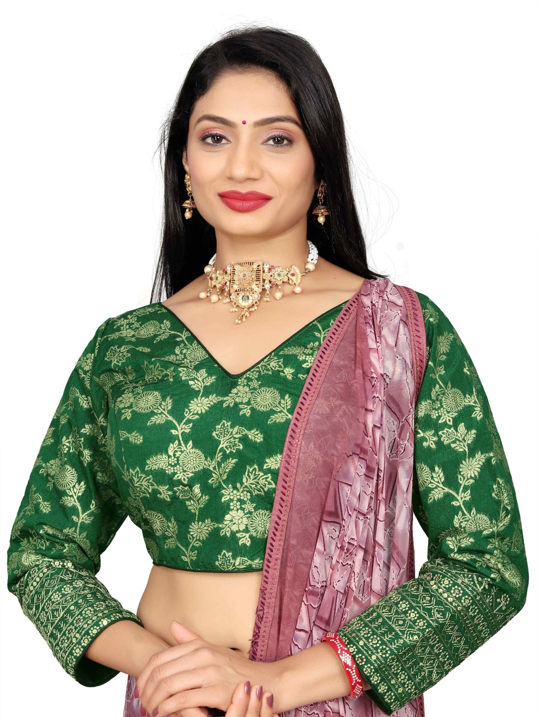 

HERE&NOW Woven Pure Dola Saree Blouse, Green