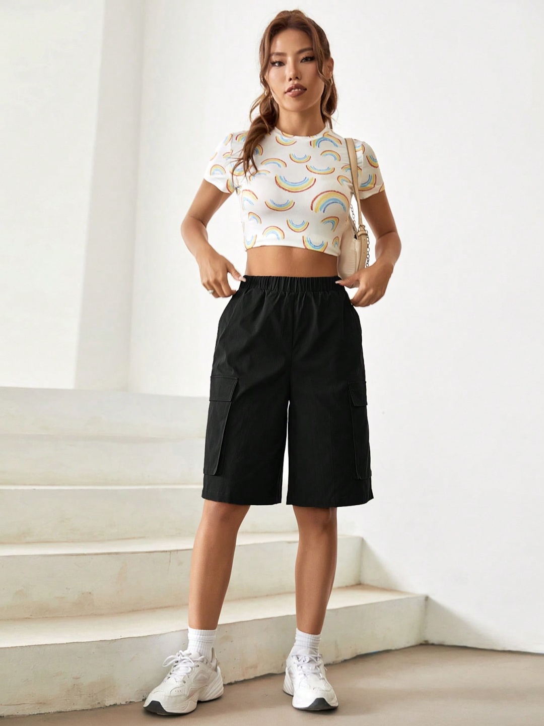 

SHINE N SHOW Women Cotton Mid-Rise Cargo Shorts, Black