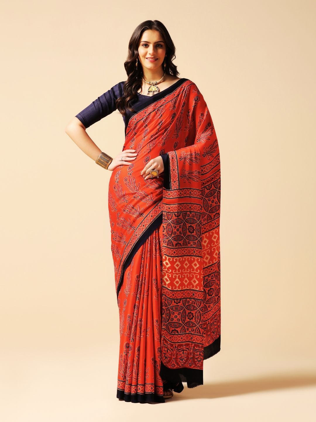 

ADITRI Pure Silk Block Print Saree, Red