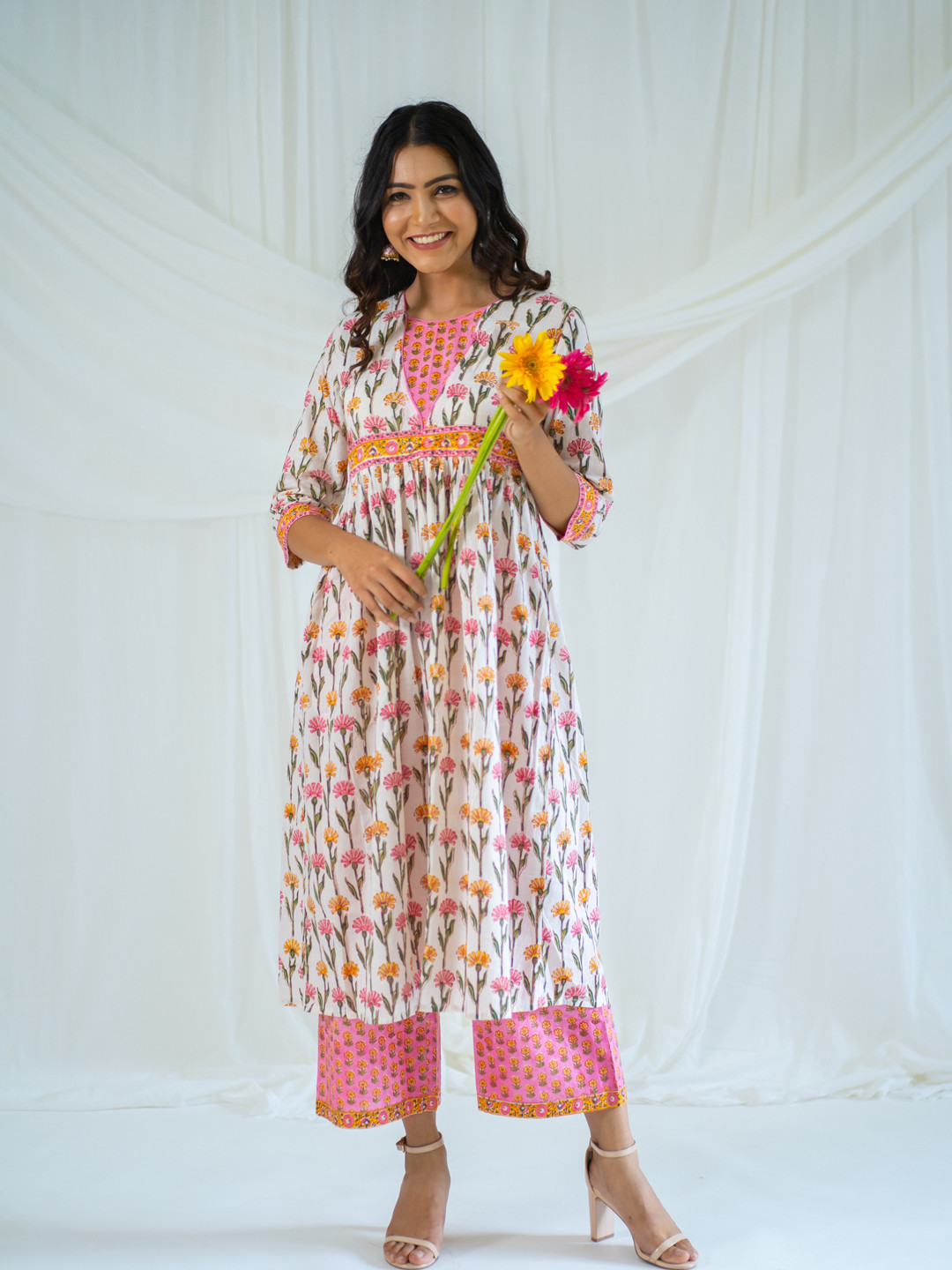 

The Ethnic Label Floral Printed Empire Pure Cotton A-Line Kurta With Palazzos, White