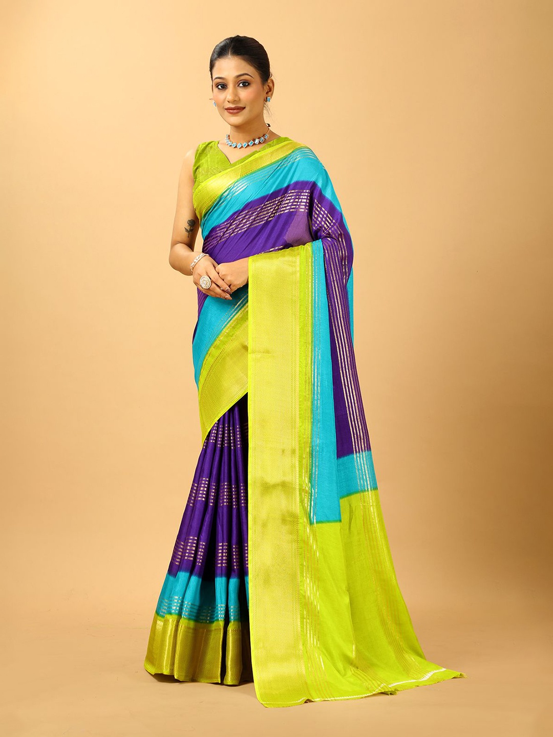 

A.V.M. SILK MILLS Women Colourblocked Zari Saree, Green