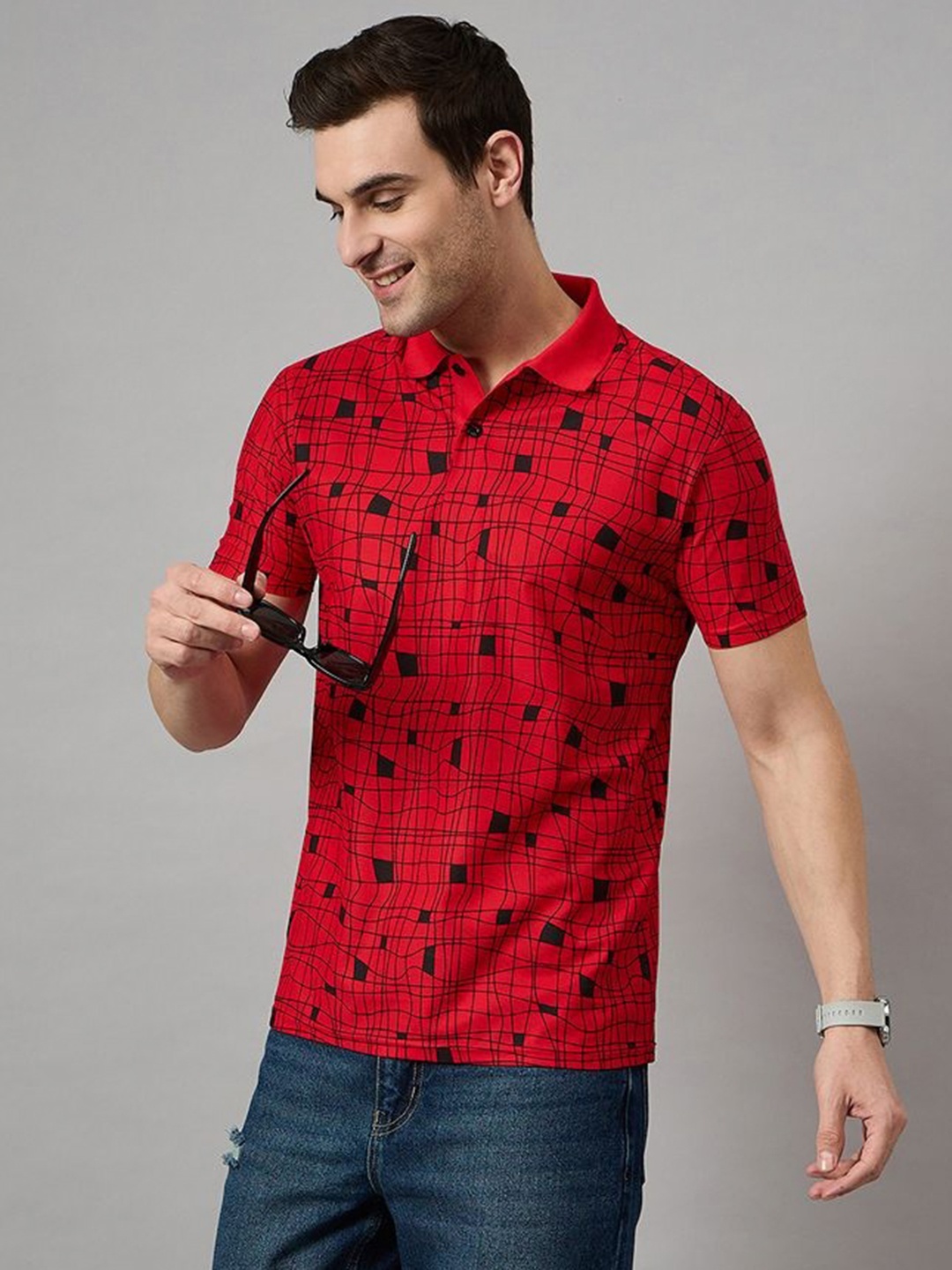 

BRONATION Men BIGBUL Geometric Printed Polo Collar Cotton T-shirt, Red