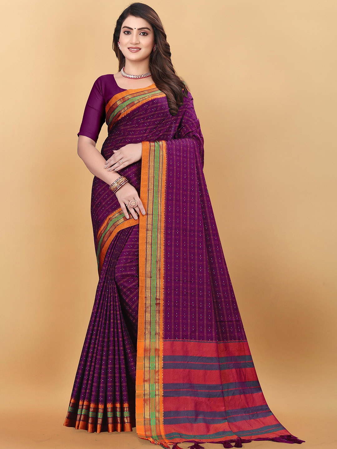 

SUPERLAXMI Ethnic Motifs Zari Silk Cotton Ilkal Saree, Purple