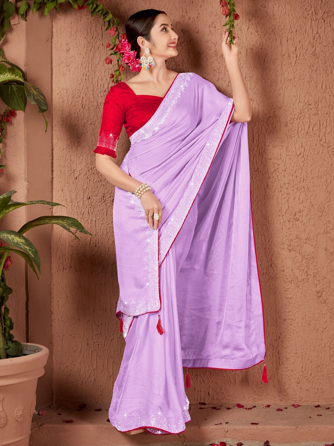 

PAYAL CREATION Beads and Stones Pure Georgette Saree, Lavender
