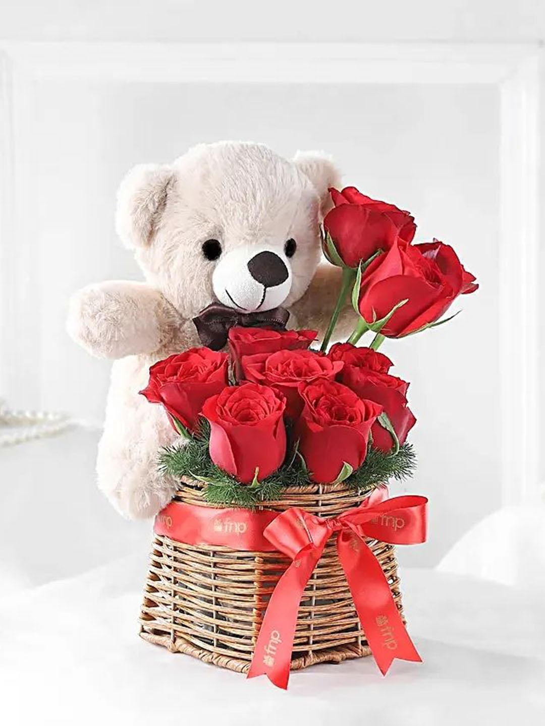 

fnp 10-Pcs Red Roses Fresh Flowers Bouquet With Teddy Bear