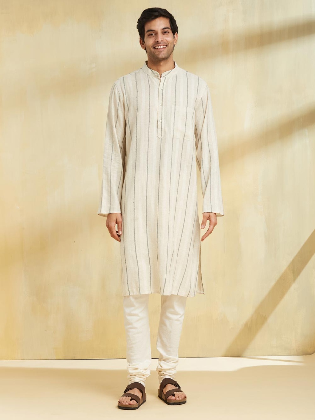 

Fabindia Striped Mandarin Collar Pure Cotton Straight Kurta, Beige