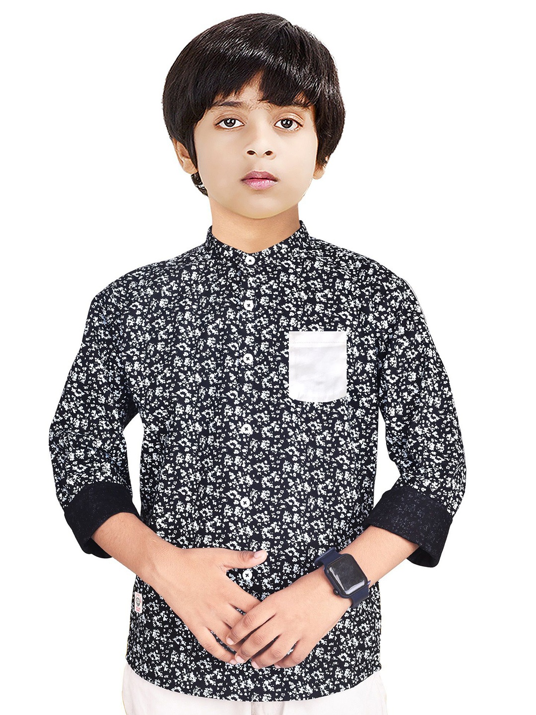 

MADE IN THE SHADE Boys Band Collar Abstract Printed Cotton Casual Shirt, Navy blue