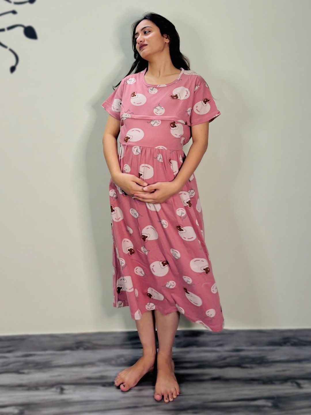 

SWEET MOON Teddy Printed Cotton Maternity Nightdress, Pink
