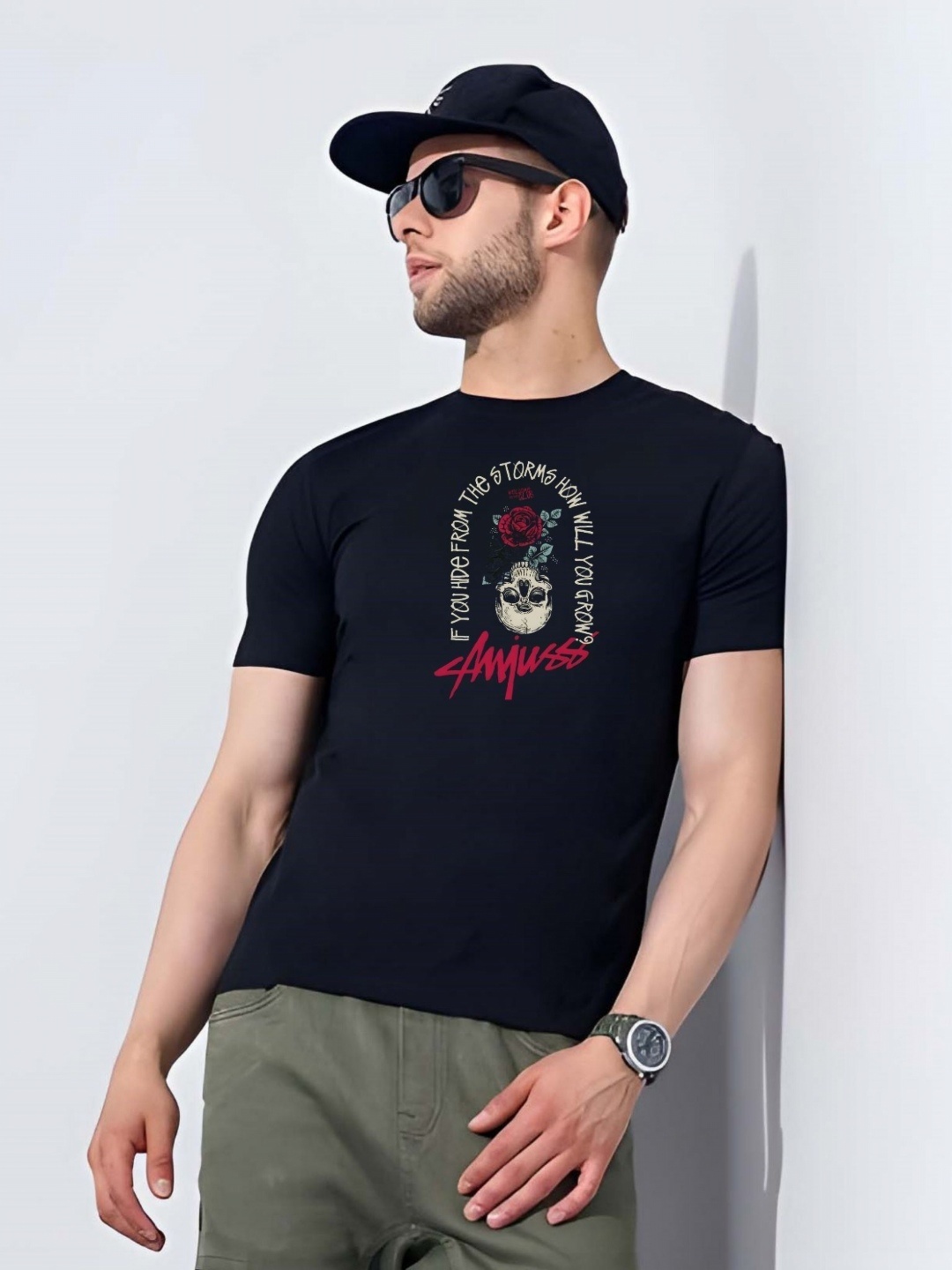 

SZN Men Floral Printed Round Neck Cotton Slim Fit T-shirt, Black