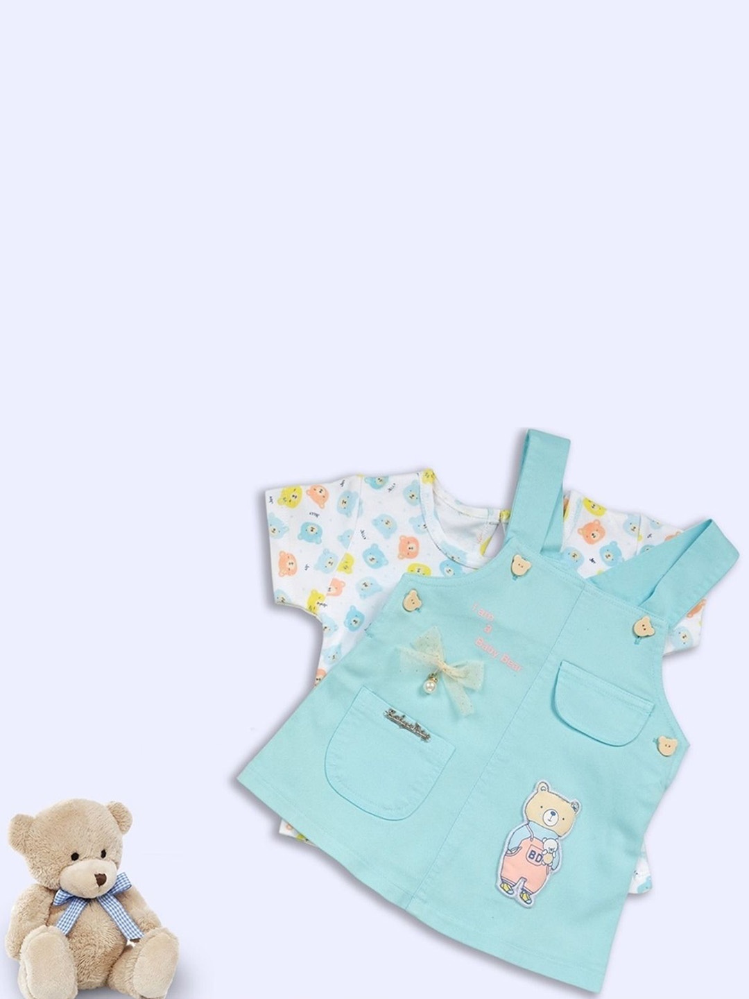 

Babys Day Infant Girls Teddy Bear Printed Pure Cotton Dungaree With Top & Brief, Turquoise blue