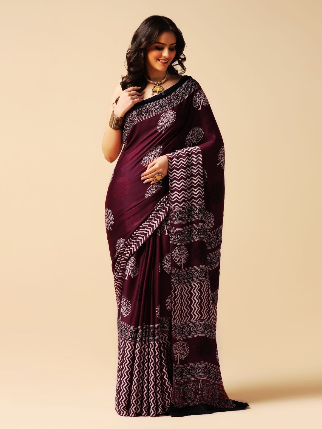 

ADITRI Modal Silk Handprinted Ajrakh Saree, Burgundy