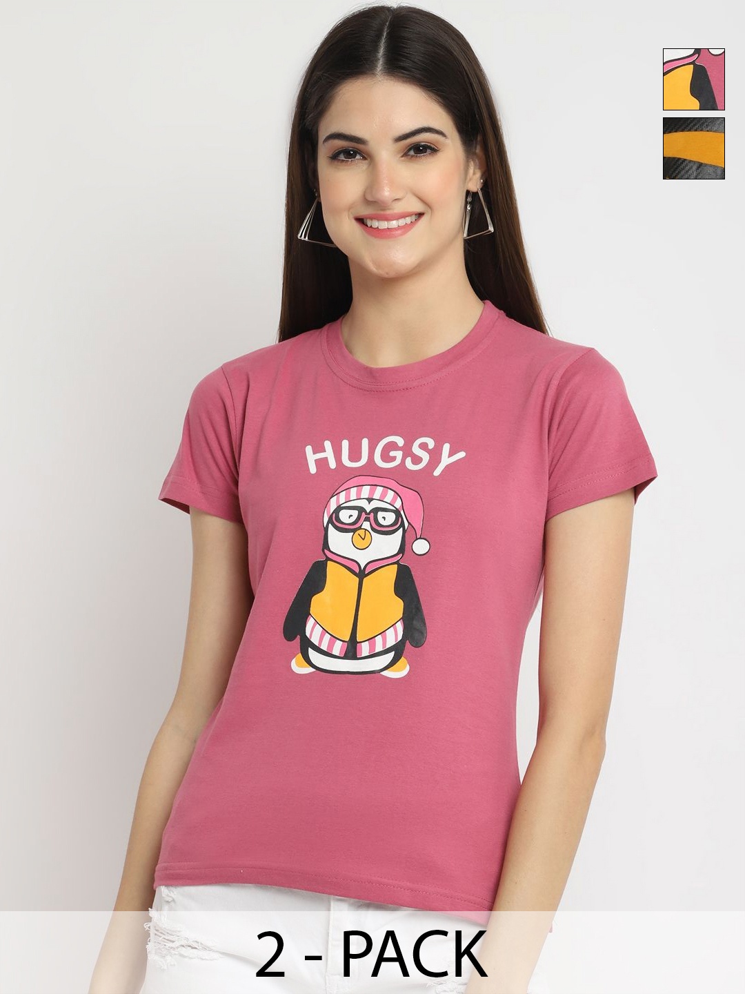 

Dreambe Women Pack Of 2 Graphic Printed Round Neck Cotton T-shirts, Mustard