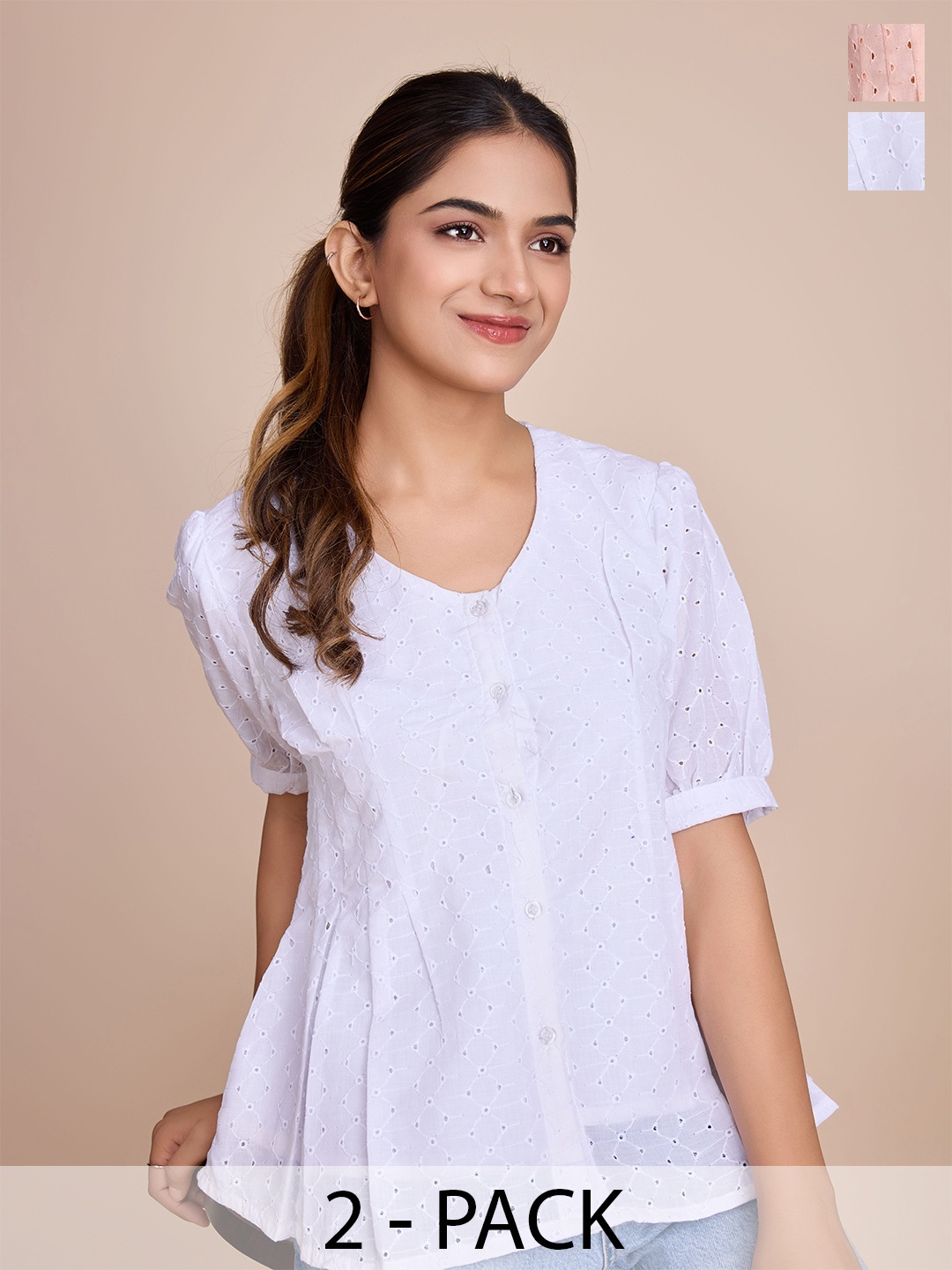 

HOUSE OF MIRA Pack of 2 Cotton Self Design Top, White