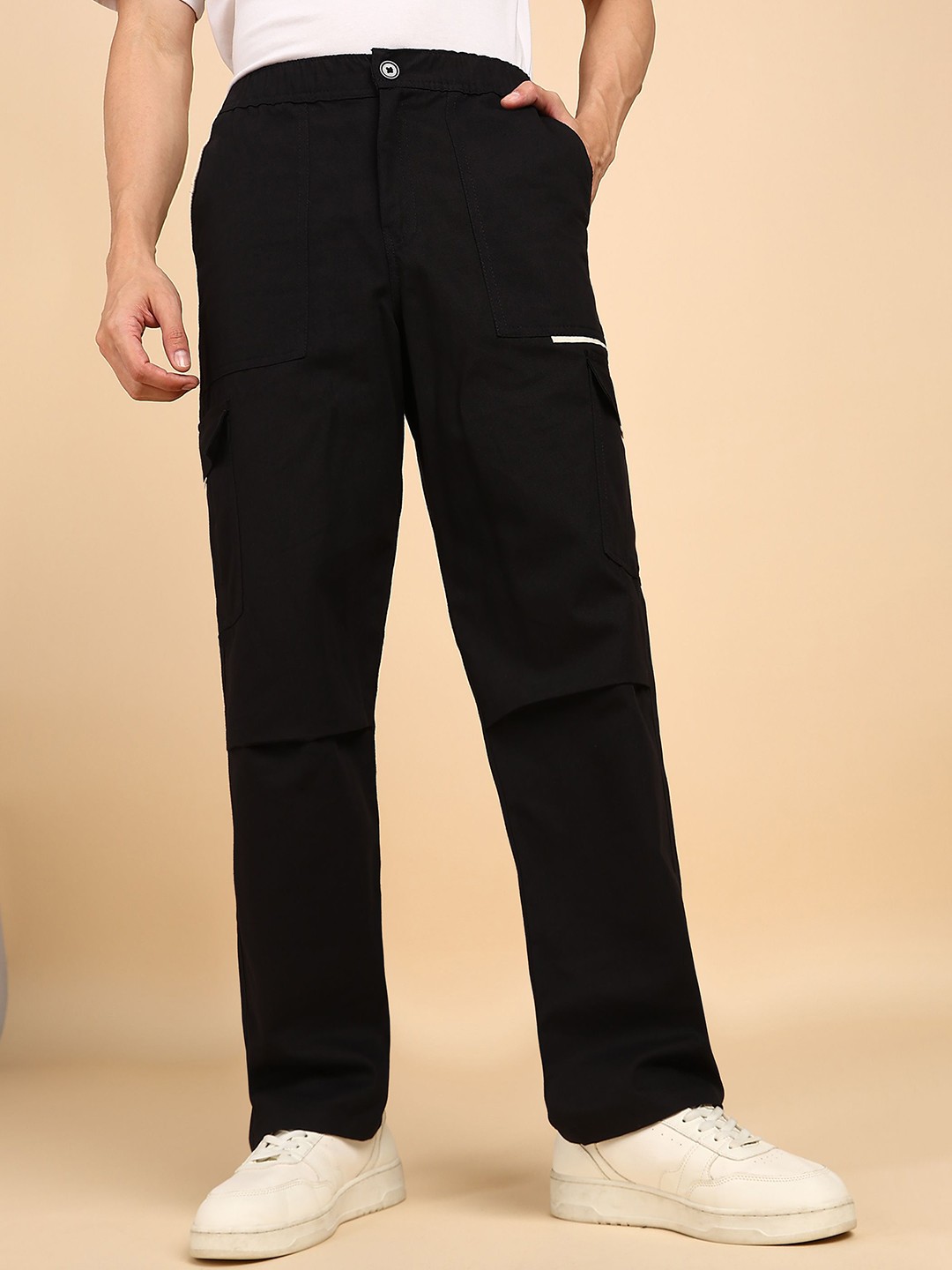 

MONTREZ Men Comfort Loose Fit Mid-Rise Cargos Trousers, Black