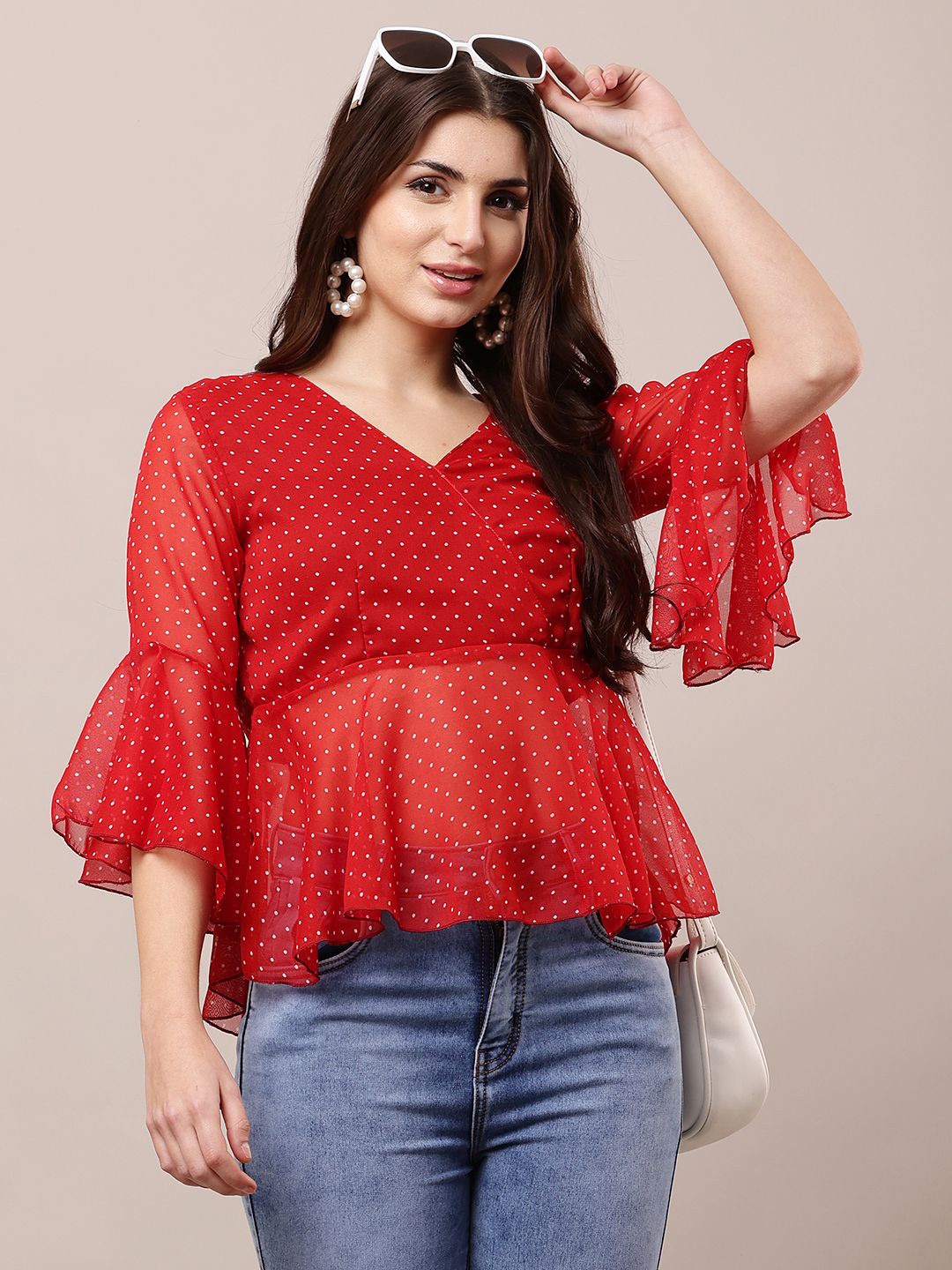 

Raabta Fashion Women Polka Dots Printed Bell Sleeves Peplum Top, Red