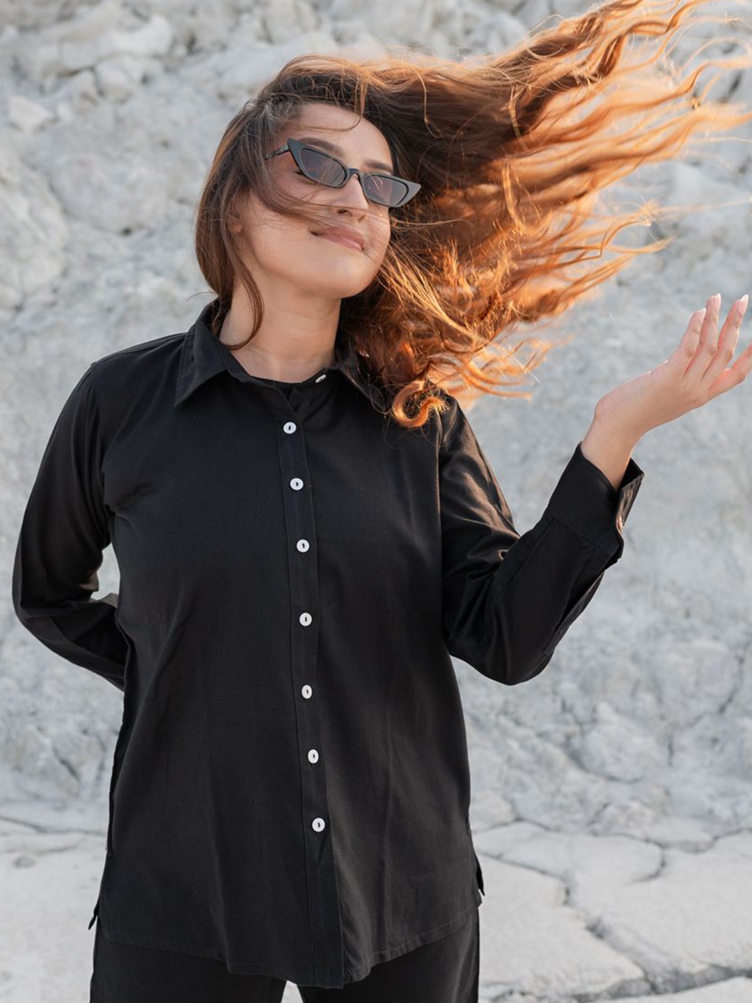 

Babli Women Comfort Fit Spread Collar Solid Cotton Casual Shirt, Black